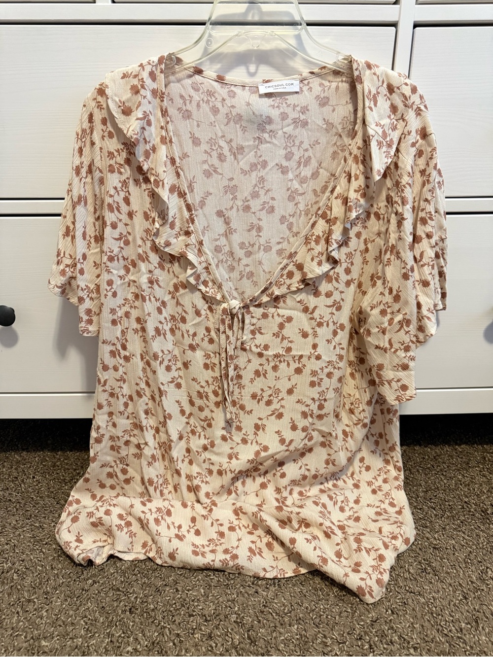 Chic Soul Cream Blush Floral Tie-Front Ruffle Blouse